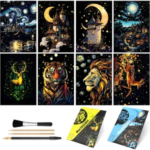 8 Sheet Glow in The Dark Scratch Art Rainbow Painting Paper A5 Engraving Craft Scratchboard for Teens & Adults, Creative DIY Sketch Card Projects (Animal/Castles)
