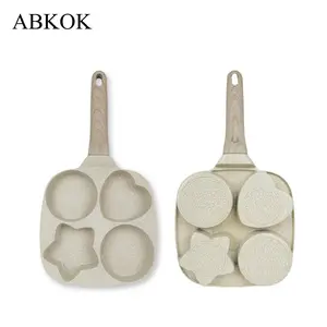 Abkok Four-Hole Non-Stick Egg Skillet Pan, Nonstick Egg Pan, Non Stick Cookware, 8–9-Inch Diameter, Ideal for Breakfast Eggs and Burgers, Durable Wooden Material Base with No-Handle Design