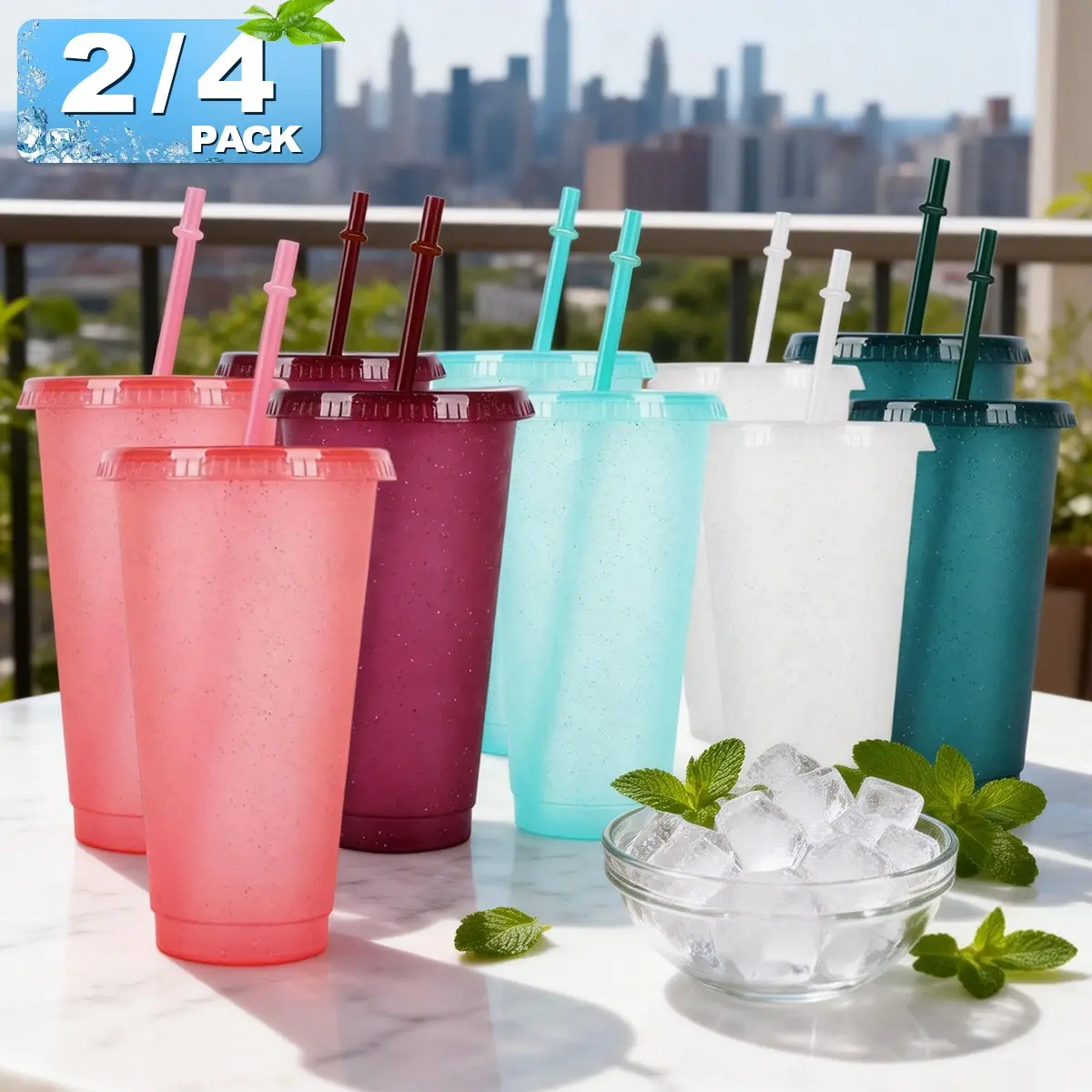 2/4pcs Reusable Glitter Plastic Cup with Lid and Straw, 24 Oz Iced Coffee Travel Mug Tumbler for Birthday Party, Smoothies Beach Party Fun, Portable Drinkware, Drink Containers