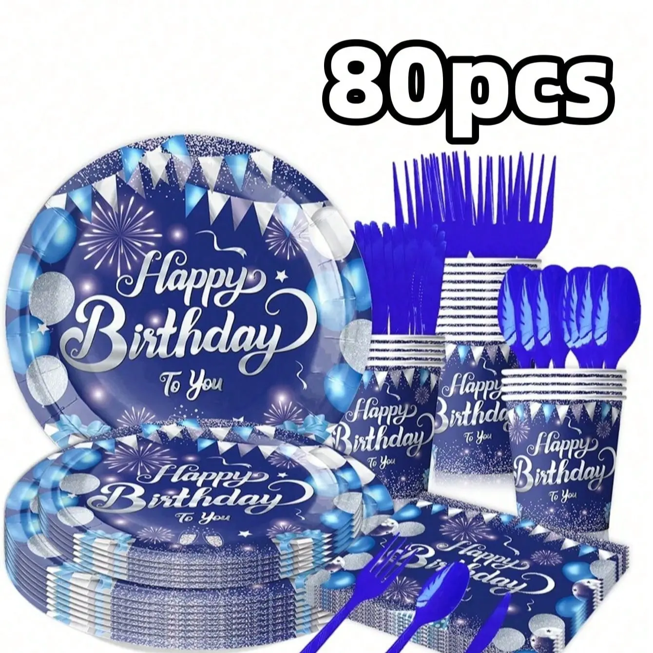 80 Piece Party Supplies Set for 20 People, Winter Edition with Marine Blue Balloon Pattern, Disposable Tableware, Includes Disposable Plates Cups Napkins