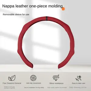 GMC Universal Red Nappa Leather 5D Steering Wheel Cover Anti-Slip Breathable All-Season Durable Fit with Center Mark