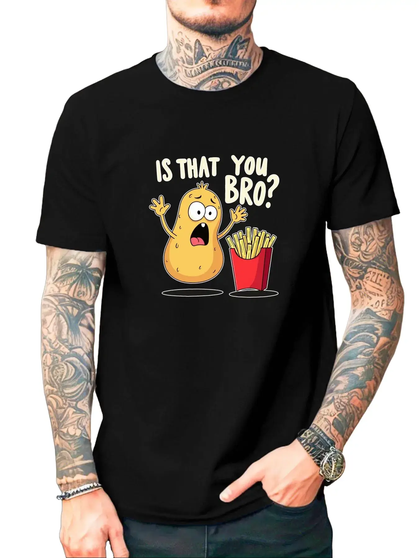Men's Breathable Cotton Streetwear T-Shirt - Funny Shocked Potato & French Fries Graphic Top, Summer Menswear Food Lover Tee, Tshirt, Casual, Print, Classic, Round Neck, Short, Ribbed, Sleeve