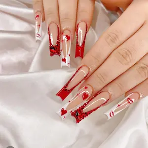 Heart Pattern Fake Nails with Nail File & Jelly Glue, 10pcs/set Long Coffin Press on Nails for Women & Girls DIY Nail Art, Elegant Rhinestone Decorated Stick on Nails Kit, Wedding Nails, Rhinestone Embellished