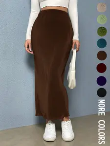 Elastic Waist Pencil Skirt, Press Pleat Smooth Comfort Feel, All-Season Wear, High Waistline and Hip Fit, Casual Basic Minimalist Women's Fashion Skirt