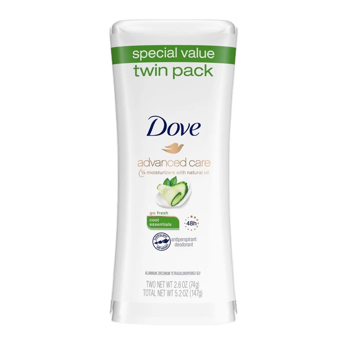 Dove Body Go Fresh Antiperspirant Deodorant - Cool Essentials, 2.6 fl oz Twin Pack, Sweat Control Deo with Cooling Refresh & Long-Lasting Protection for Daily Body Care