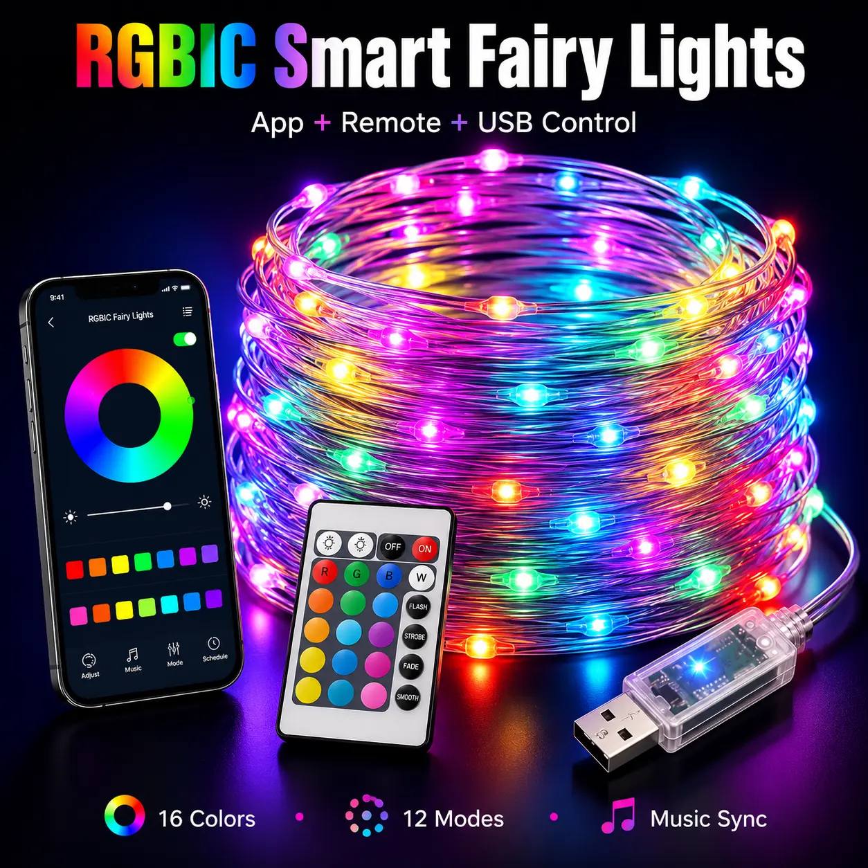 65.6ft Rubber-Coated RGBIC Smart Fairy String Lights - App & Remote Control, USB Plug-In Color Changing LED Decor, Music Sync Waterproof Mood Lighting, Children's Room & Party Use, Halloween Yard Solution