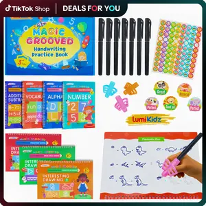 LumiKidz Magic Grooved Writing Practice Book Set 7-in-1 Reusable Handwriting Workbooks for Kids Ages 3-8 with 7 Pens & Pencil Sticker Decals 10.24x7.29in Large Pages School Supplies