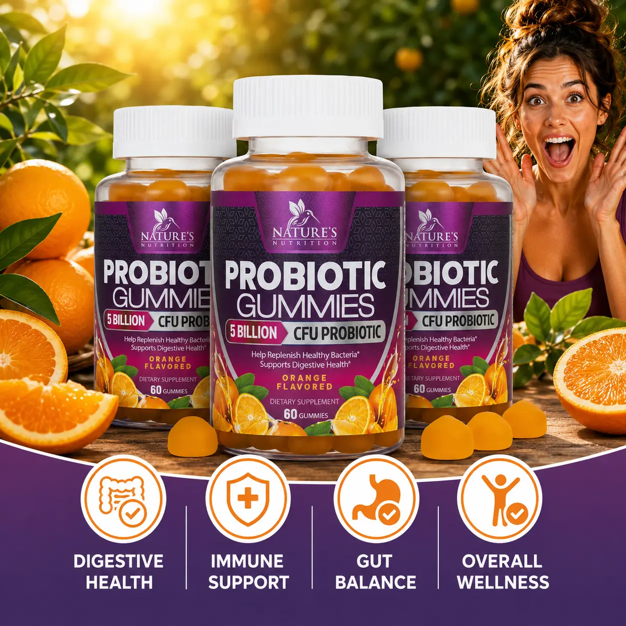 Chewable Probiotic Dietary Supplement Gummies, 6-Strain Formula for Gut Balance & Immune Support, Aids Digestive Health, Bloating, Gas & Regularity, 60 Count