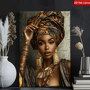 2D canvas wall art featuring an African woman portrait, framed in a single piece – gold traditional headscarf, solid wood frame with gallery-style edging, suitable for living room, bedroom, and wedding cultural decoration, an African traditional cultural