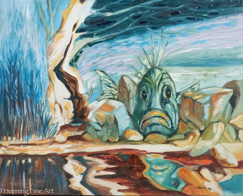 Vintage Oil Painting of Underwater Landscape with Fish, Illegibly Signed, Fine