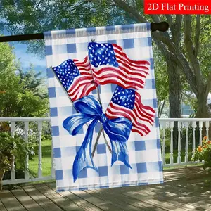 Independence Day Garden Flag, Crossed American Flags, Blue Bow, Vintage Checkered Pattern, Unique Blend of Patriotism And Charm, Double-Sided, Polyester Material, No Flagpole, 12x18 Inch