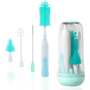 Automatic baby bottle cleaning brush set, electric travel baby bottle brush set, with storage box, includes silicone bottle/nipple/straw brush, electric milk frother and drain rack, rechargeable.