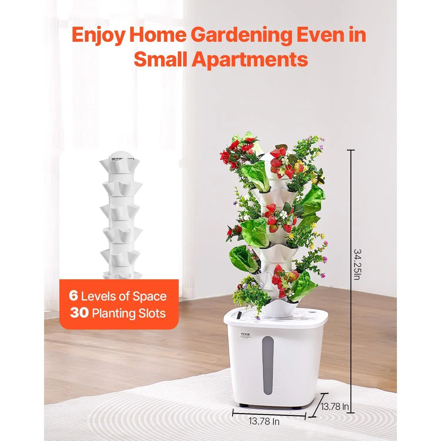 【SummerFinds】VEVOR Space-Saving 6-Tier Vertical Hydroponic Growing System, 30-Pod Indoor Smart Tower Garden with Pump, 20L Water Tank, 13.78x13.78x34.25in, for Kitchens, Children’s Vegetable & Mint Gardening