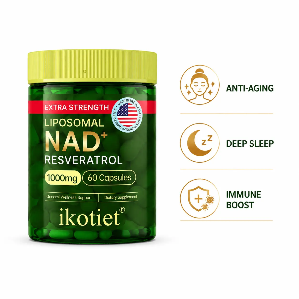 Ikotiet Extra Strength Liposomal NAD+ Resveratrol 1000mg 60 Capsules for General Wellness Support Dietary Supplement