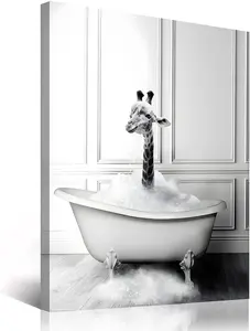 Funny Bathroom Wall Art Prints, Kids Bathroom Decor Wall Art Giraffe Pictures Wall Decor, Modern Black and White Animal Bathroom Wall Posters, Cute Canvas Bathroom Art Wall Prints for Kids SHJY-01963