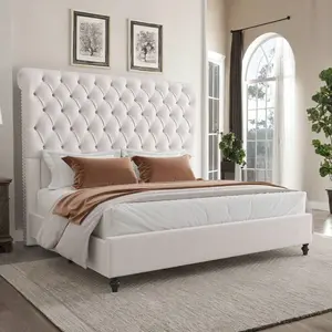 Velvet Upholstered Platform Bed Frame With 60" Tall Sleigh Headboard – No Box Spring Required canopy