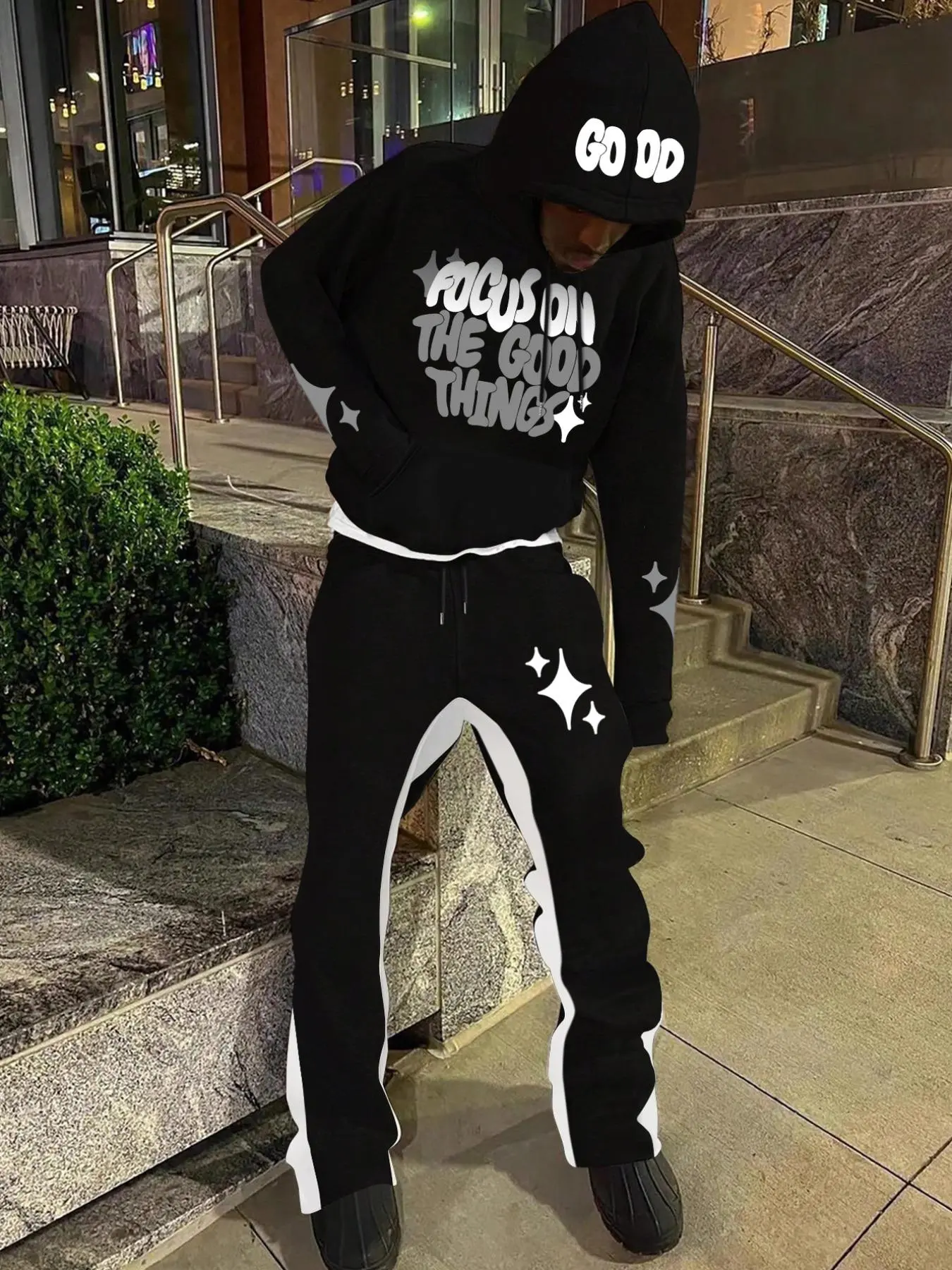 Men's Letter Print Drawstring Hoodie & Pocket Sweatpants Set, Casual Outfit Set, Streetwear, Casual Loose Long Sleeve Hooded Sweatshirt & Pants, Men's Fall & Winter Clothes