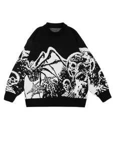 Unisex Loose Fit Spider Print Sweater, Long Sleeve Knit Pullover, Casual Streetwear, Fall & Winter Fashion, Cute Animal Pattern