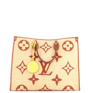 Pre-owned Louis Vuitton Leather, Raffia Top Handle Bags OnTheGo Tote Monogram Giant Raffia GM by Rebag