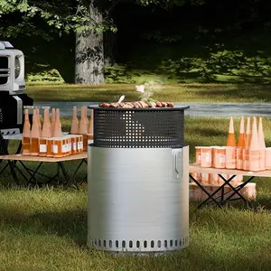 Smokeless Fire Pit for Outside w Grill Pan, Stainless Steel Adjustable Bonfire Wood Burning Fireplaces w Removable Ash Pan & Bag
