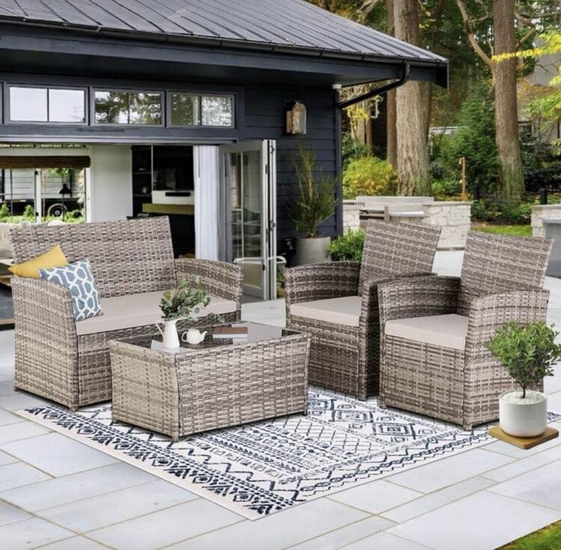 4 Piece Outdoor Patio Furniture Sets Wicker Sectional Conversation Sofa Set Rattan Table Chairs Loveseat With Cushions For Outside Balcony Porch Backyard