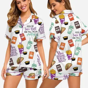 Taco Bell Pajama Set Women Funny Food Print Short Sleeve Shorts Loose Comfy Summer Sleepwear Casual Night Cute Fast Food Lover Gift Novelty 2 Piece PJ Set
