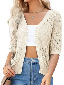 Women's V-Neck Fitted Knit Cardigan Short Jacket Seven-Sleeve Beach Vacation Spring Summer, Stylish Casual Outerwear for Women Knitwear Vneck Womenswear Knit Sweater