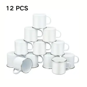 12pcs Enamel Mug White Camping Coffee Mug with Handle Silvery Rim Portable Drinking Cup Metal Round Camp Enamel Cup for Tea And Hot Chocolate Christmas (16oz), Best for Christmas