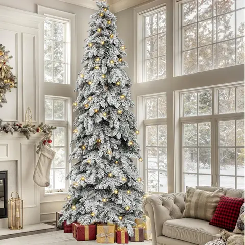 Yitahome Pre-Lit Flocked Artificial Christmas Tree (7.5/9/11 ft) - Classic Cozy Little Christmas Decor, PE & PVC Mixed Tips, Multicoloured LED Lights, Minimalist Elegant Specialty Tree Decor, Versatile Metal Frame Home Holiday Accent