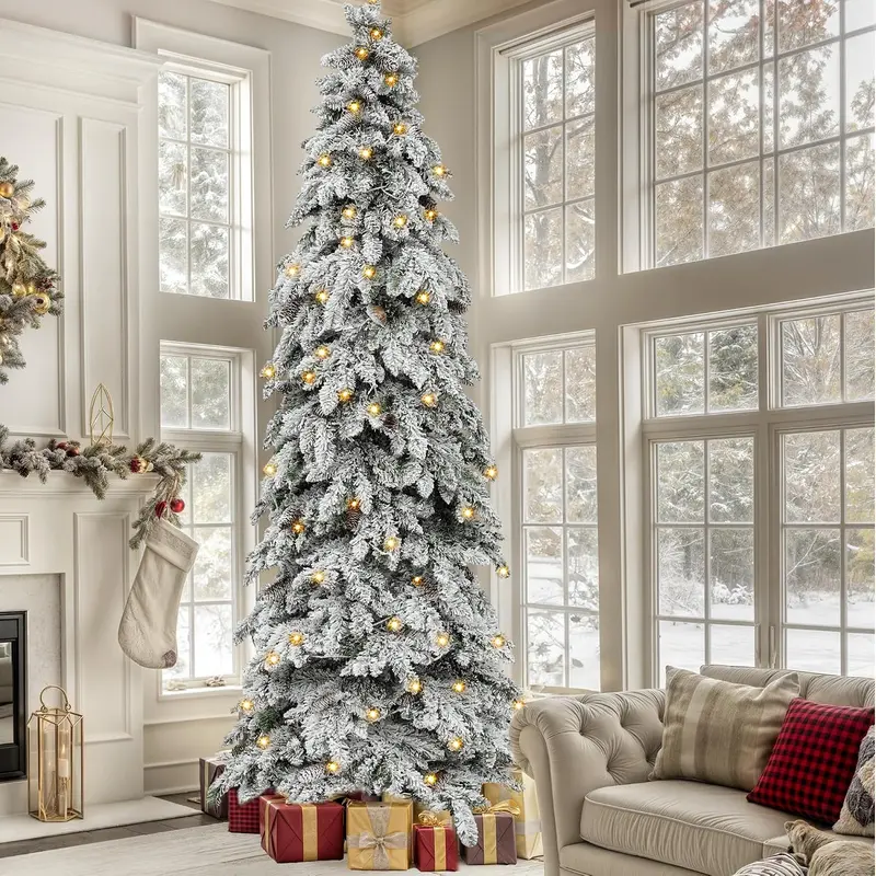 Yitahome Pre-Lit Flocked Artificial Christmas Tree (7.5/9/11 ft) - Classic Cozy Little Christmas Decor, PE & PVC Mixed Tips, Multicoloured LED Lights, Minimalist Elegant Specialty Tree Decor, Versatile Metal Frame Home Holiday Accent