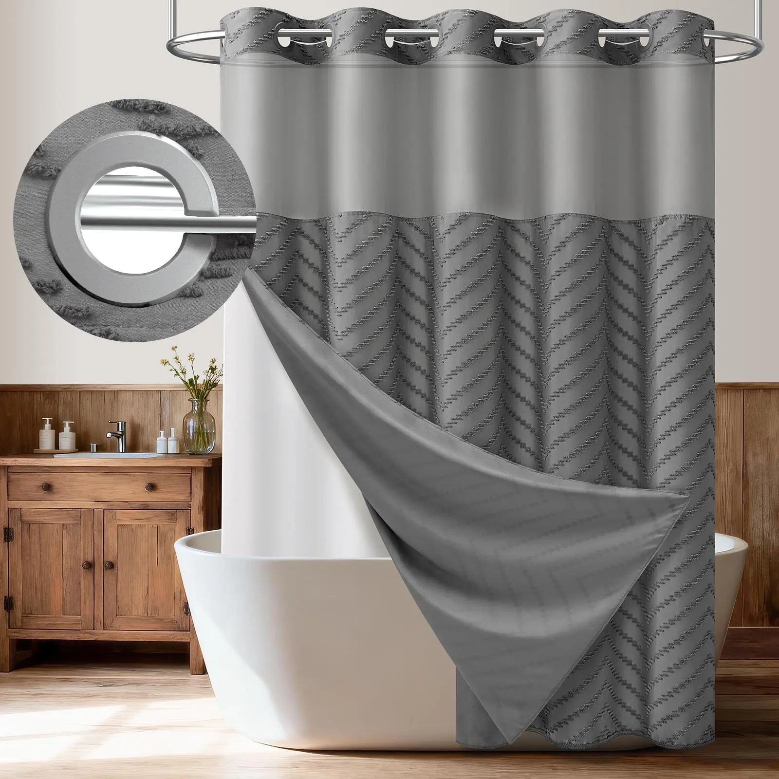 Gray Hookless Boho Tufted Chevron Striped Shower Curtain, Waterproof & Washable, Removable White Outer Layer, Modern Textured Design, See-Through Mesh Top Window, for Bathroom & Hotel, 71 × 74 Inch