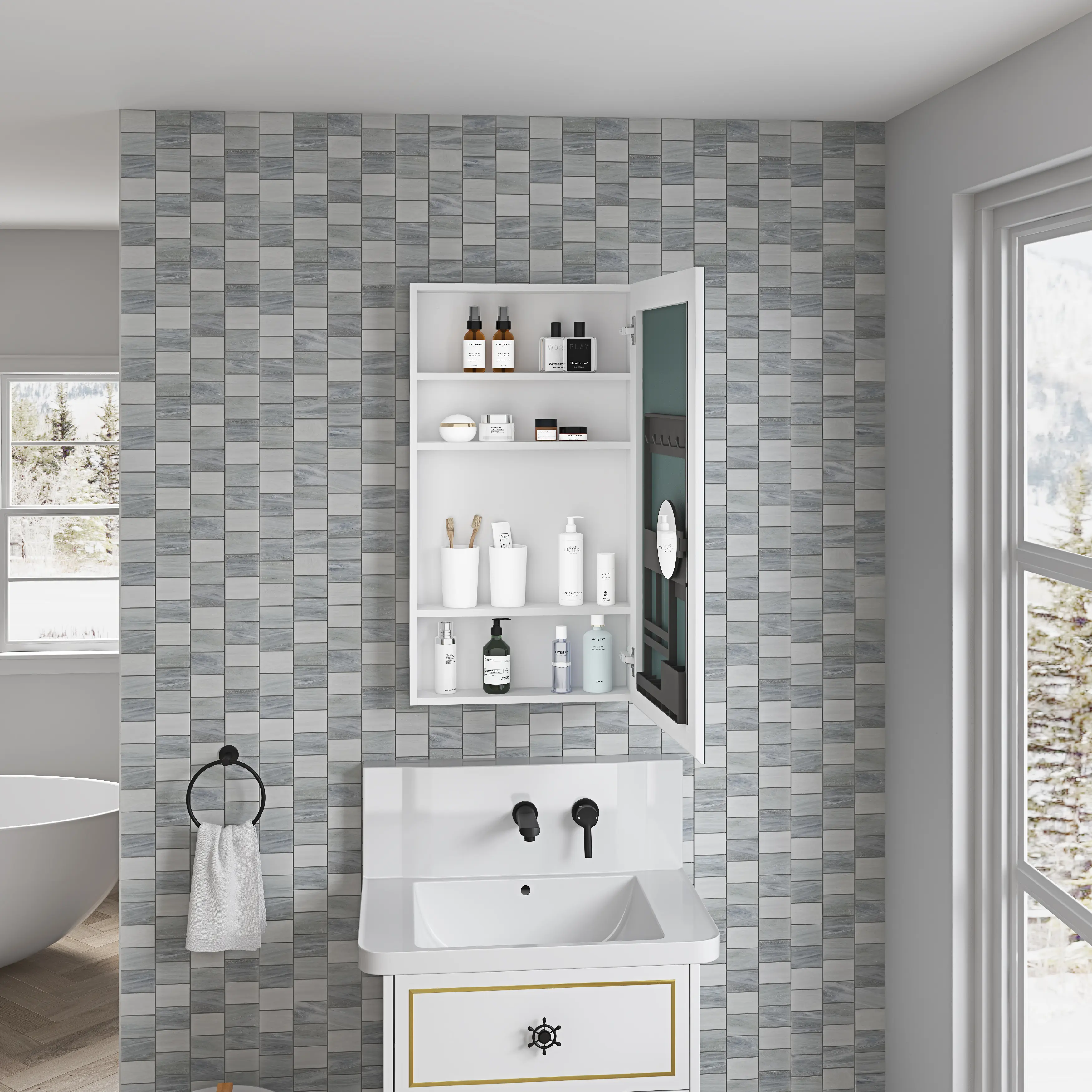 20 x 36 Inch Surface Mount Frameless Mirror Medicine Cabinet with Beveled Edges, Right-Hand Door, Wall-Mounted Bathroom Storage Cabinet, Recessed or Surface Mount Vanity Mirror Cabinet, White, Home Furniture and Household Product Search Terms