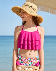 5-14 Years Girl Swimsuit 2 Piece Bikini Set Tropical Teens Girl Swimwear Tiered Ruffled Bathing Suit Adjustable Straps Summer Girls Beachwear
