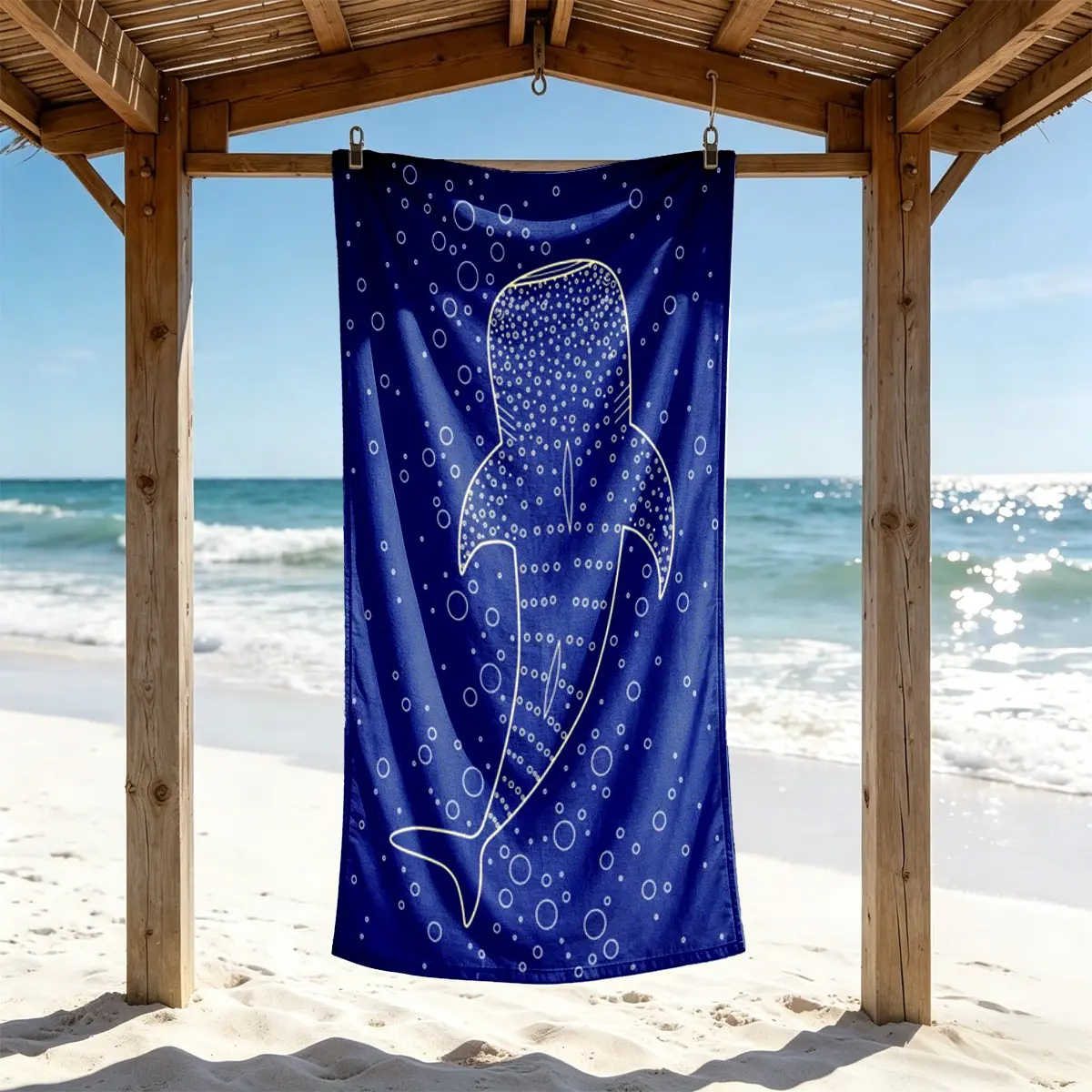 Deep Sea Blue Minimalist Dot Bubble Whale Shark Beach Towel, Ultra-Fine Fiber, Lightweight Quick-Dry, Soft Comfort, Reusable, Travel Gift