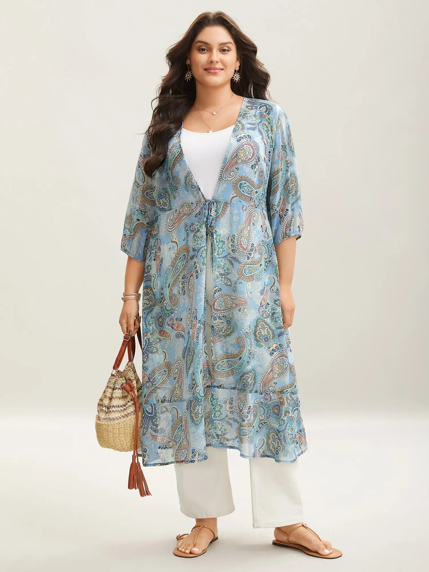 BLOOMCHIC Paisley Print Sheer Tied Kimono Cardigan Summer Knot Fit Women's Wear 100% Polyester Regular Fit Non-Stretchable Light Blue Resort Style Clo