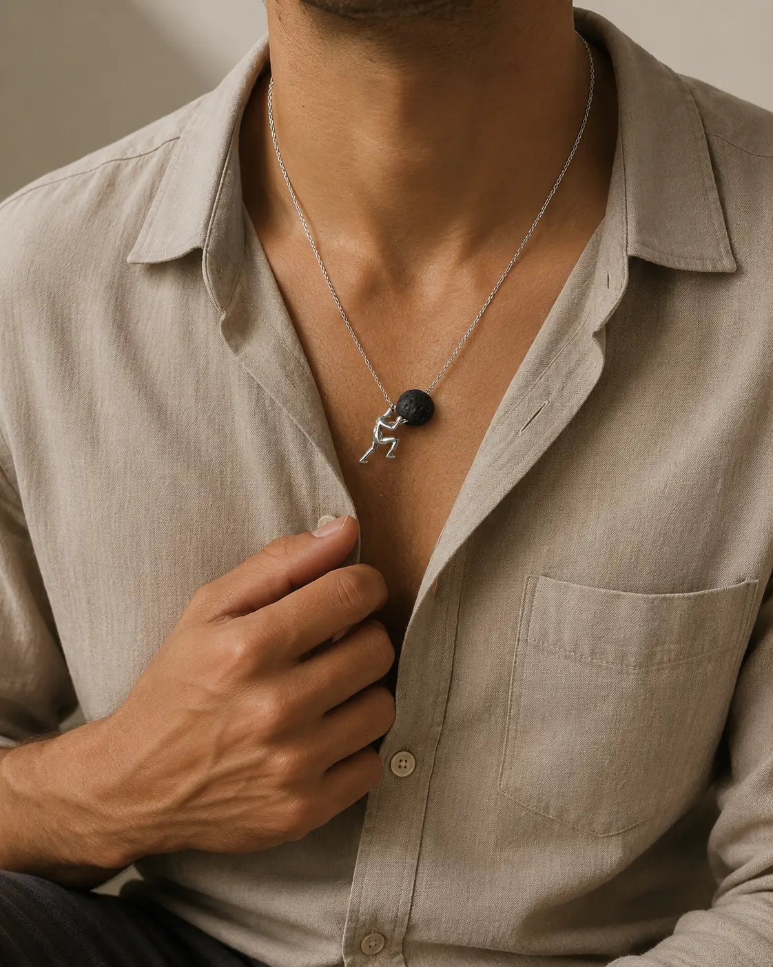 jewelry-Solvantis Silver-Plated Lava Stone Sisyphus Necklace, Meaningful Greek Mythology Pendant, Adjustable Necklace Length 18.14 + 2.08 Inches, Strength & Perseverance Jewelry, Gift for Men, Women, Boyfriend, Girlfriend