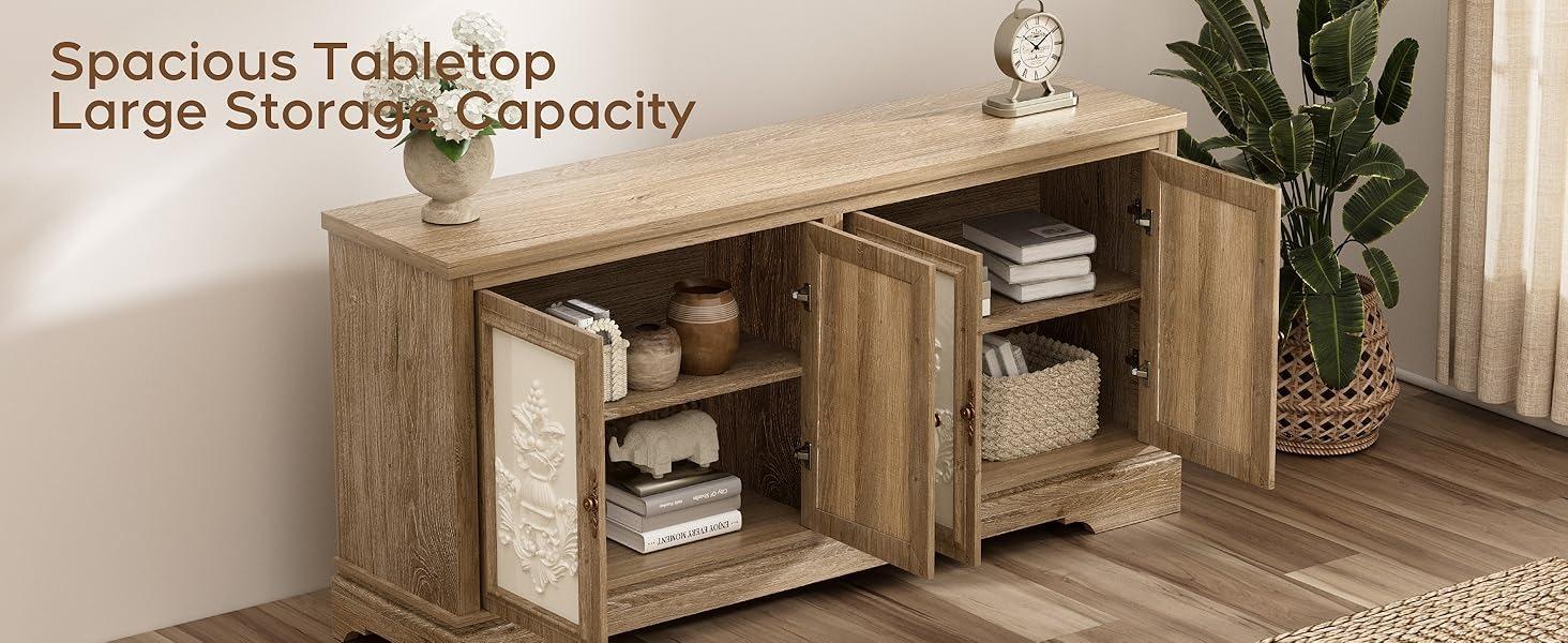 Yechen 63" Vintage Farmhouse Sideboard Buffet Cabinet with 3D Decorative Doors | Light Oak Wood Credenza with Sturdy Frame & Antique Handles | for Living Room, Kitchen, Entryway Yechen 63" Vintage Farmhouse Sideboard Buffet Cabinet with 3D Decorative Doors | Light Oak Wood Credenza with Sturdy Frame & Antique Handles | for Living Room, Kitchen, Entryway