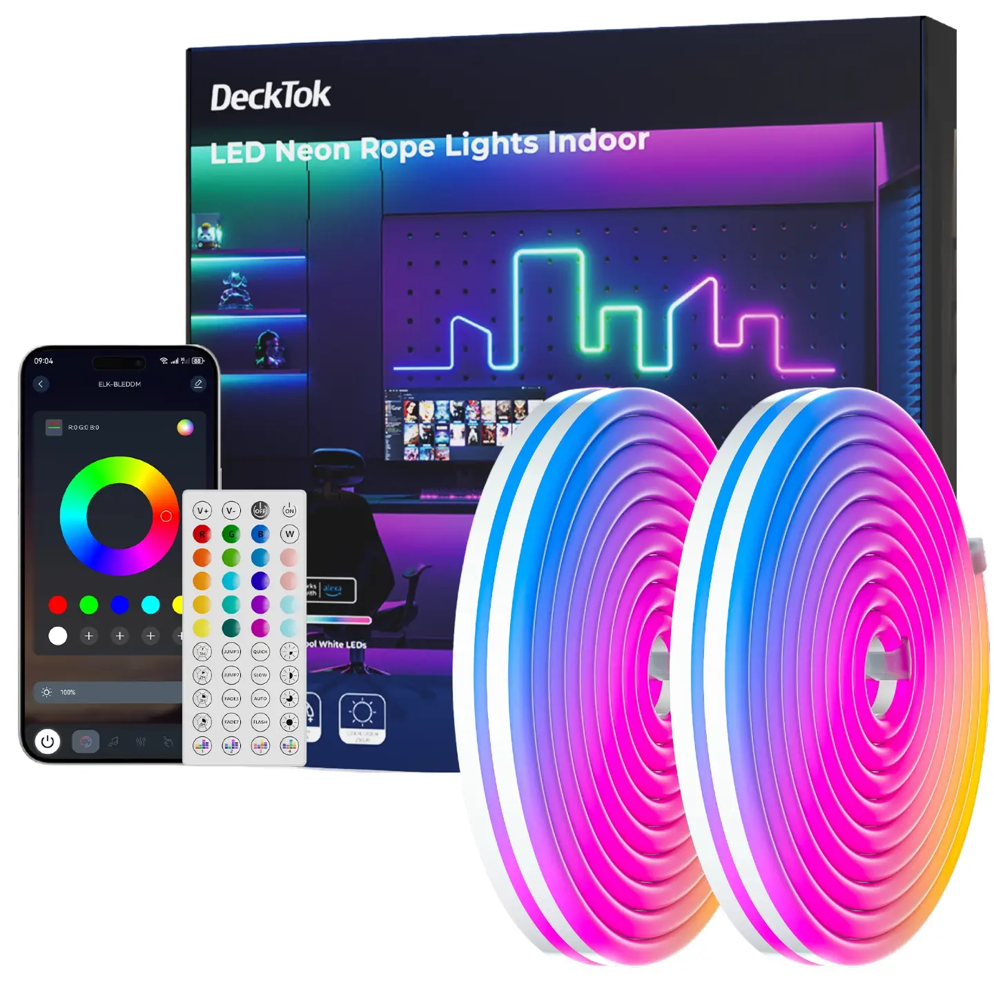 100 FT LED Neon Rope Lights with App and Remote Control, IP65 Waterproof Neon Strip Lights for Outdoor Indoor, DIY Design Flexible Led Rope Lights for Bedroom, Living, Gaming, Party Decor