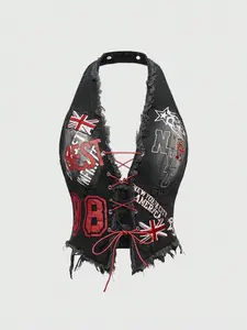 ROMWE Avant Women’s Retro Motorcycle Denim Crop Top – Sleeveless Back to School British Flag Print, Collegiate Streetwear Style