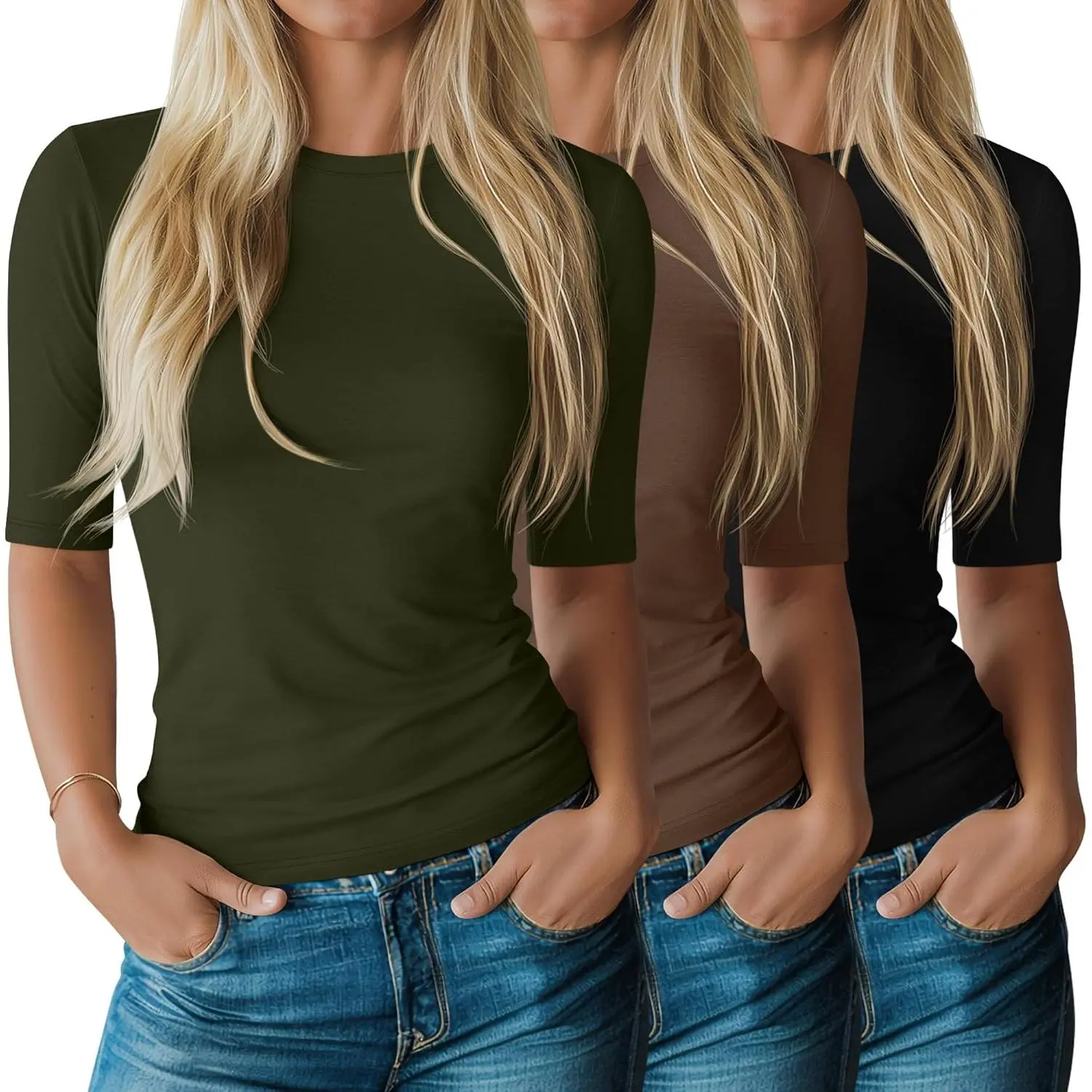 Women's 3-Pack Minimalist Casual Round Neck Short-Sleeve Cotton Blend Slim-Fit Basic Tees, Elbow-Length, All-Seasons Tops