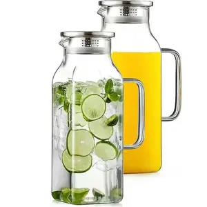 2L/68oz Aesthetic Small Square Borosilicate Glass Jug with Lid & Handle, Heat & Cold Resistant Reusable Water Pitcher, Viral Kitchen Drinkware for Refrigerator Storage, Ideal Housewarming Birthday Gift for Kitchen Lovers Women Men Kitchenware