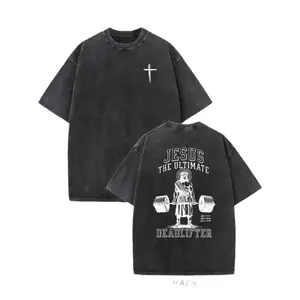 Oversize Acid Wash Christian Shirt Jesus Ultimate Deadlifter" Graphic T-Shirt - Heavyweight 230gsm 100% Cotton, Dual-Sided Print, Loose Fit Streetwear Tee with Falling Shoulder Design,Casual Attire, Retro Streetwea y2k  outfits  men Double-Sided Water