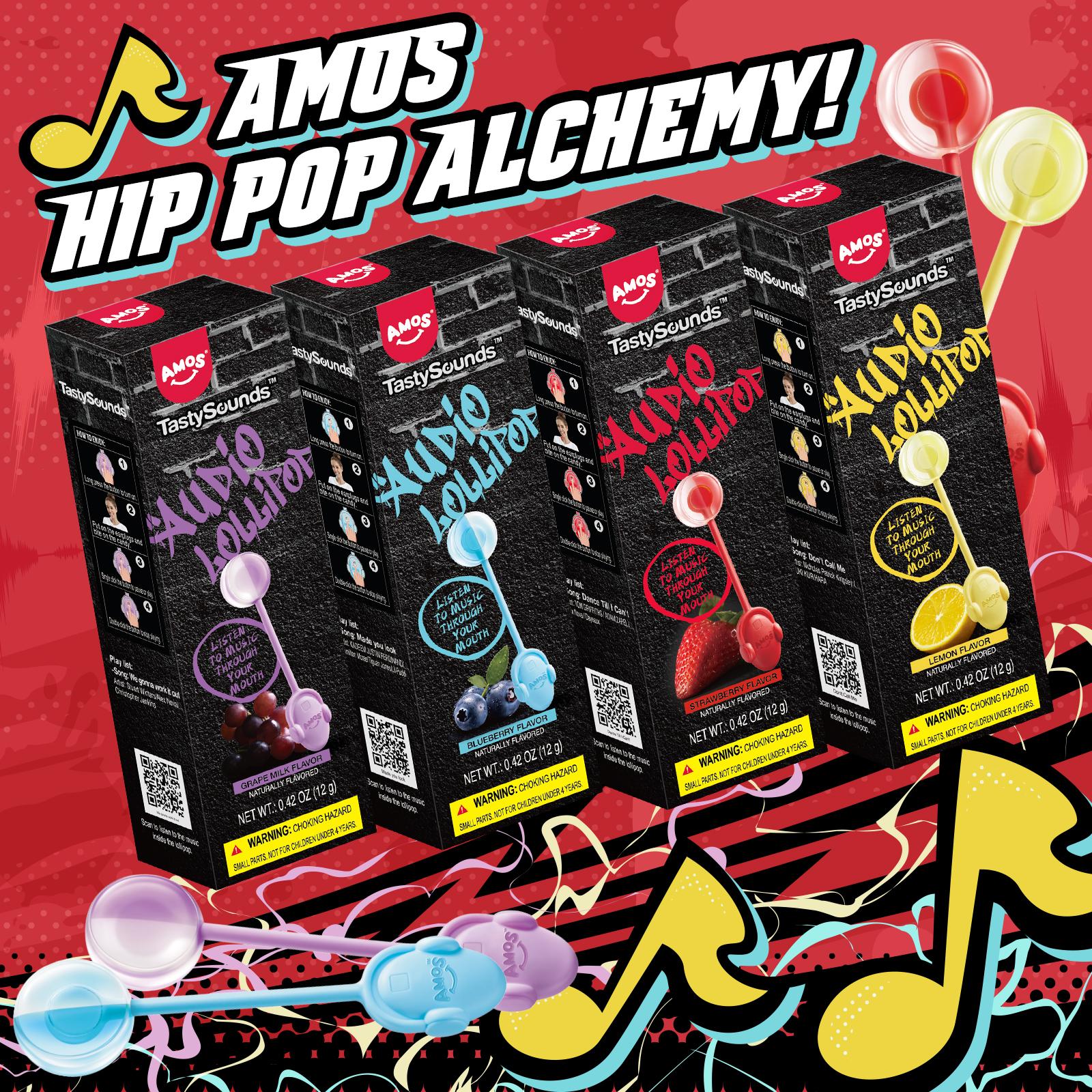 AMOS Audio Lollipop Candy Gift Box – Sugar-Free Music Lollipops with Bone Conduction Sound, 4 Hip-Hop Flavors, Fun Creative Candy for Kids & Adults AMOS Audio Lollipop Candy Gift Box – Sugar-Free Music Lollipops with Bone Conduction Sound, 4 Hip-Hop Flavors, Fun Creative Candy for Kids & Adults