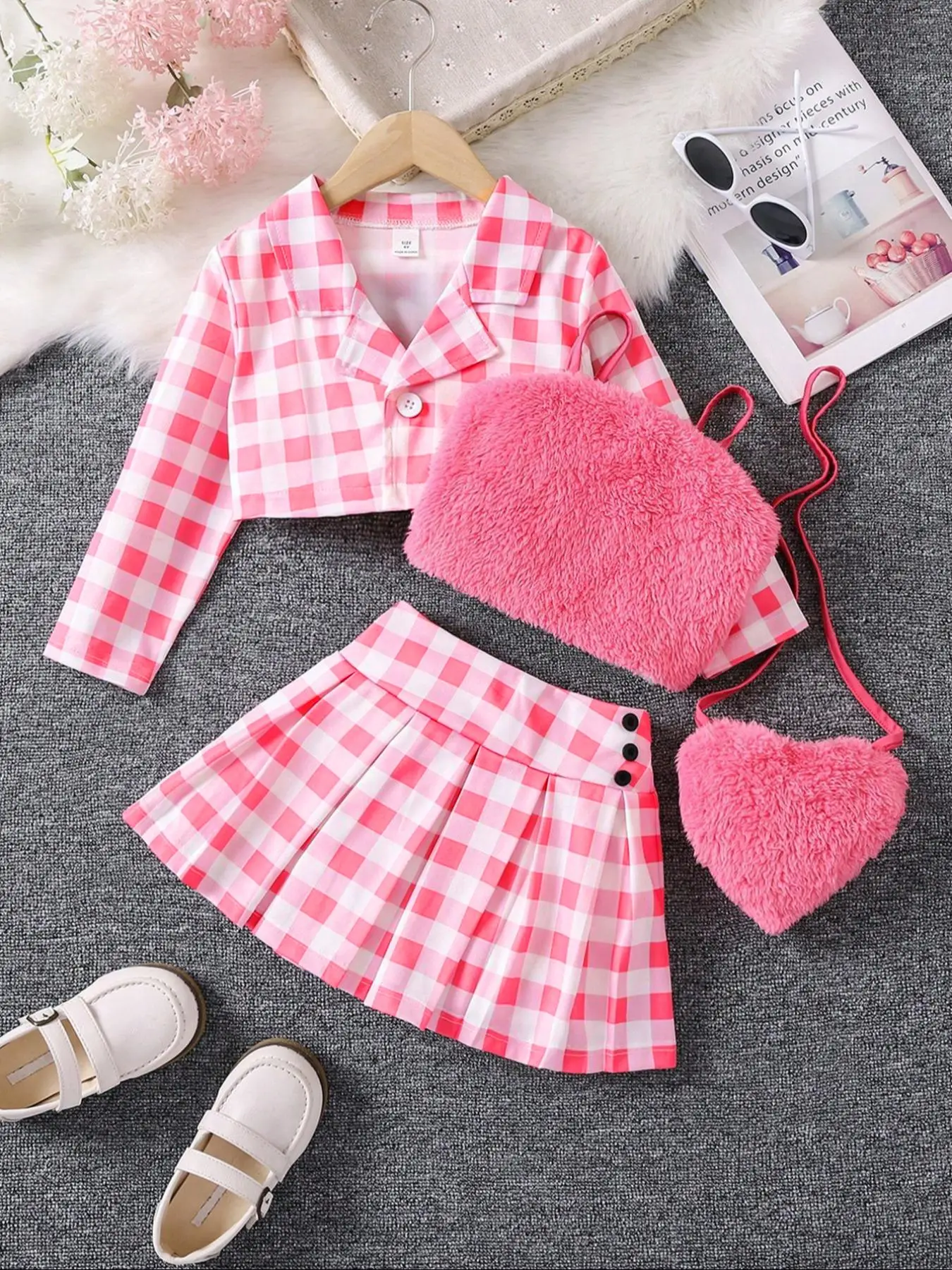 Girl's Plaid Print Button Front Crop Blazer & Plain Fuzzy Cami Top & Plicated Skirt & Plush Bag Set, Casual Long Sleeve Lapel Jackets Outerwear & Ela