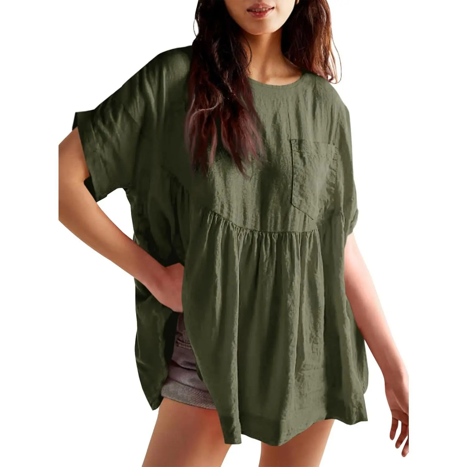 Imily Bela Women's Blouse, Short Sleeve Pleated Babydoll Peplum Tunic, Comfy Casual Cotton Linen Loose Fit for Going Out