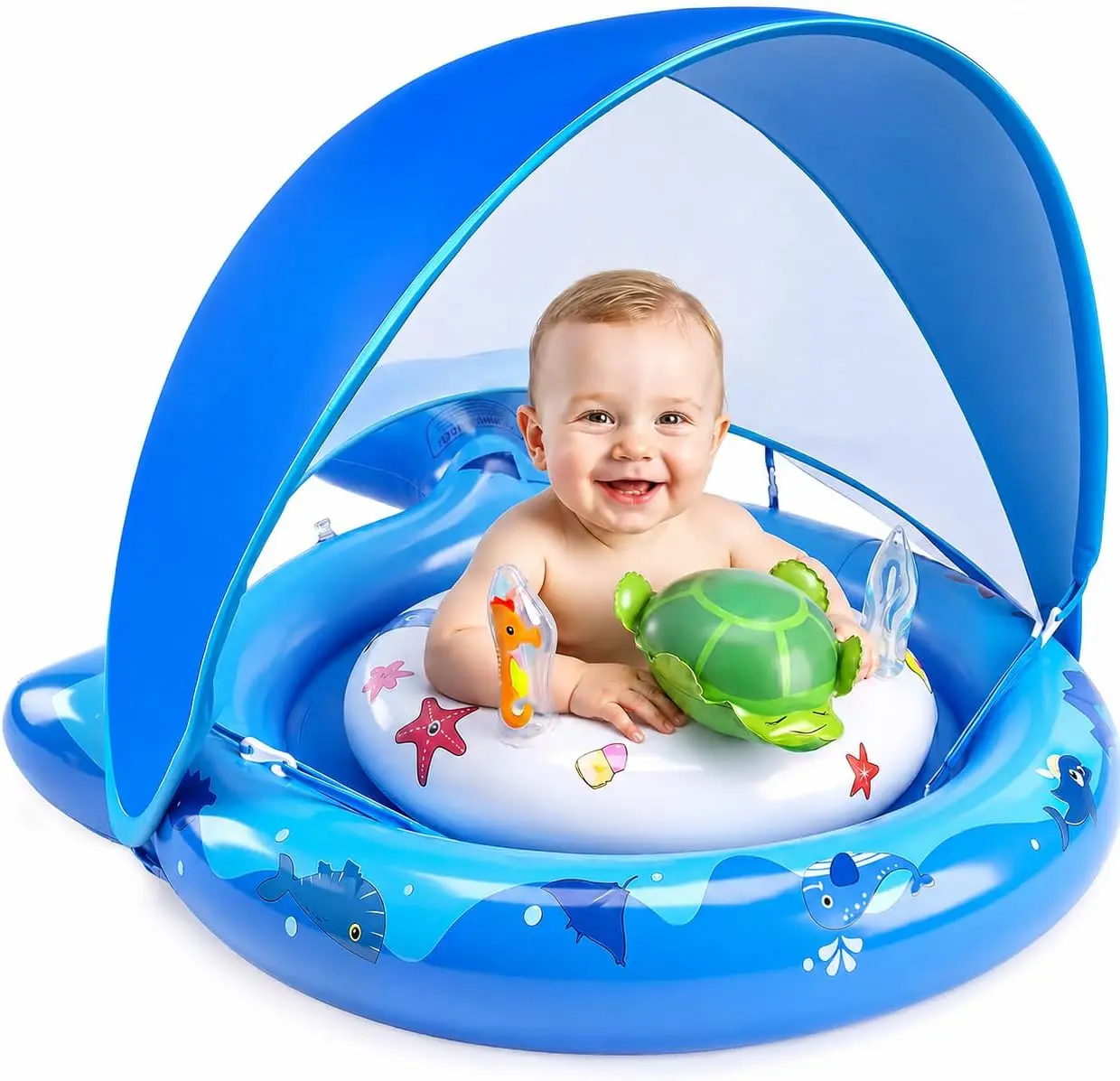 Baby Pool Float with Sun Canopy for 6-36 Months Boys & Girls, UPF50 Sun Protection, Padded Baby-Safe Materials Seat, Durable Compact Lightweight Portable Design, Includes Air Pump & Toys, Ideal for Lake Water Fun