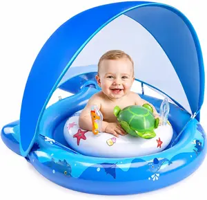 Inflatable Baby Pool Float with Sun Canopy, UPF50+Sun Protection, Portable & Easy to Store, Padded Safety Seat with, Includes Air Pump, with Toys Baby Swim Float for 6-36 Months Boys & Girls(Blue)