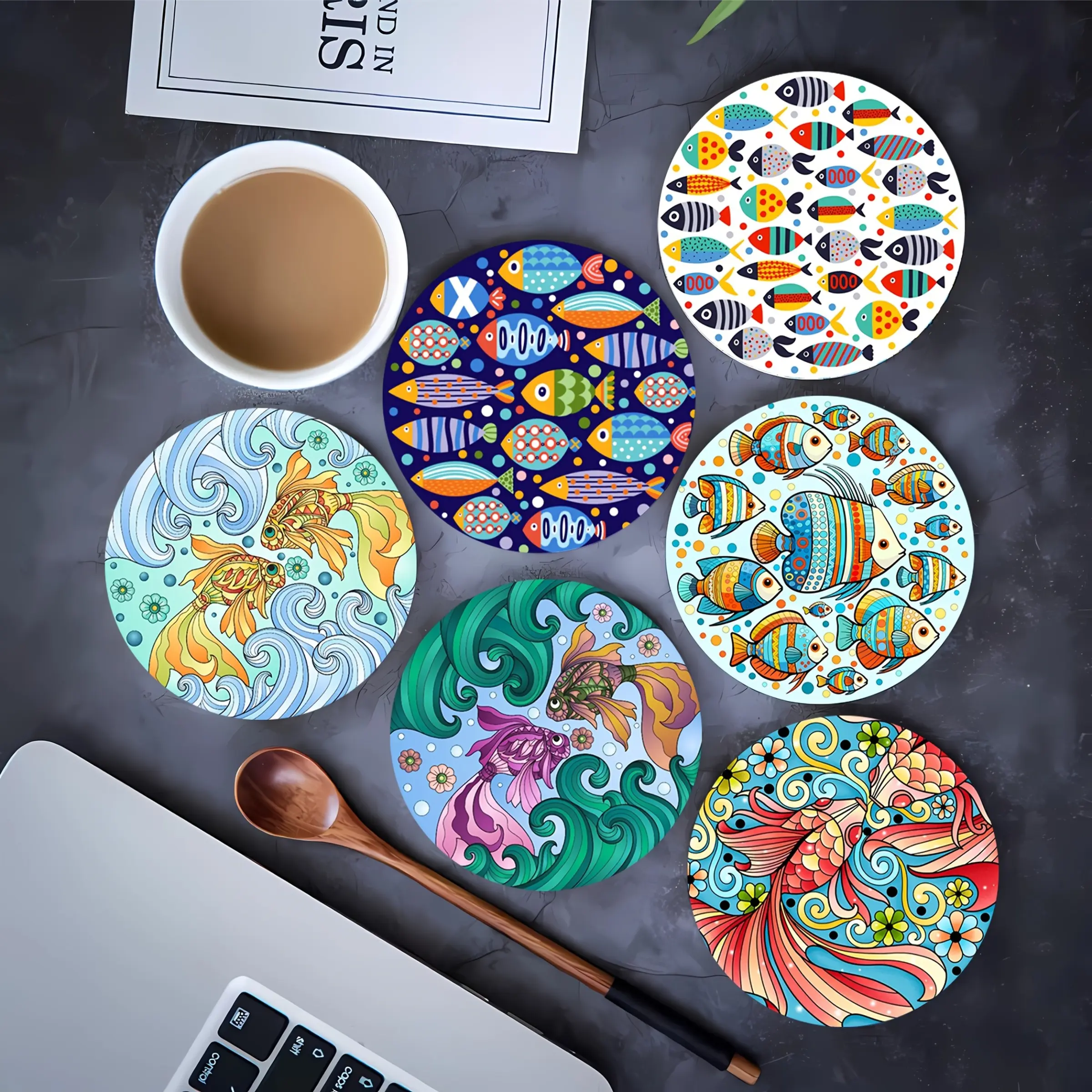6-Piece Wooden Coasters Set, Cartoon Fish Design, Round Shape, Wood Material, Ideal for Bars, Home Gatherings, Cafes, Offices