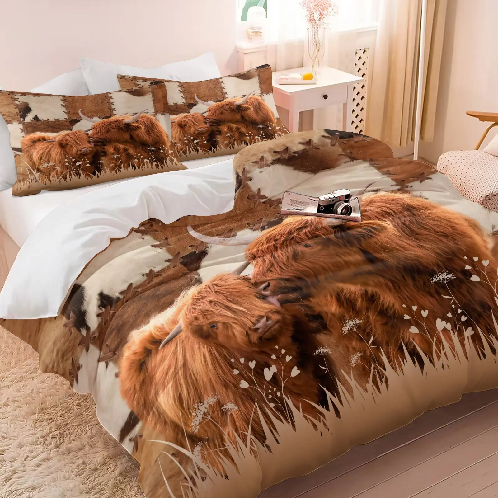 2/3Pcs Highland Cow Duvet Cover Set, Western Cowhide Print Comforter Cover, No Filler Decorative Bedding Set with Pillowcases, Farmhouse Rustic Bedding for Bedroom, Dorm, Country Style Cow Bedding for Cow Lovers, Rustic Charm Bedding Set