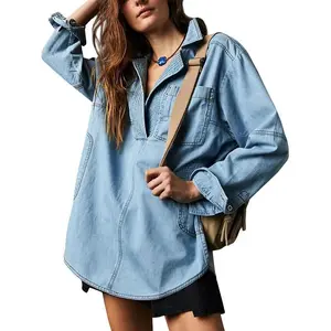 Womens Denim Pullover Casual Button V Neck Blouse Loose Fit Long Sleeve Jean Jacket with Pocket